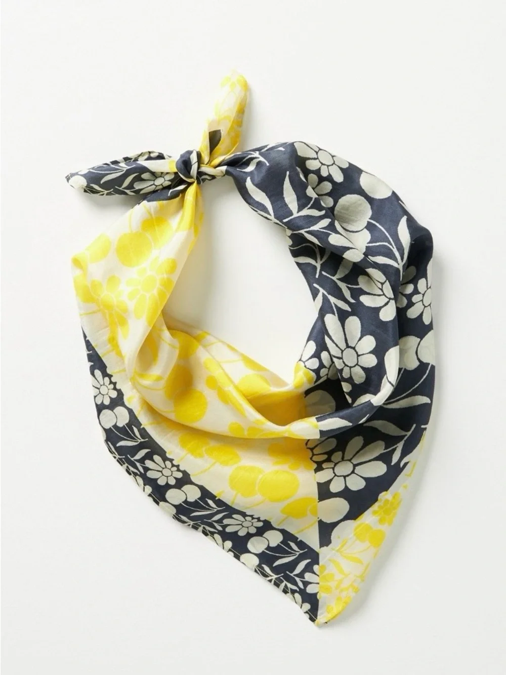 Anthropologie Silk Yellow & Gray Floral Bandana Scarf